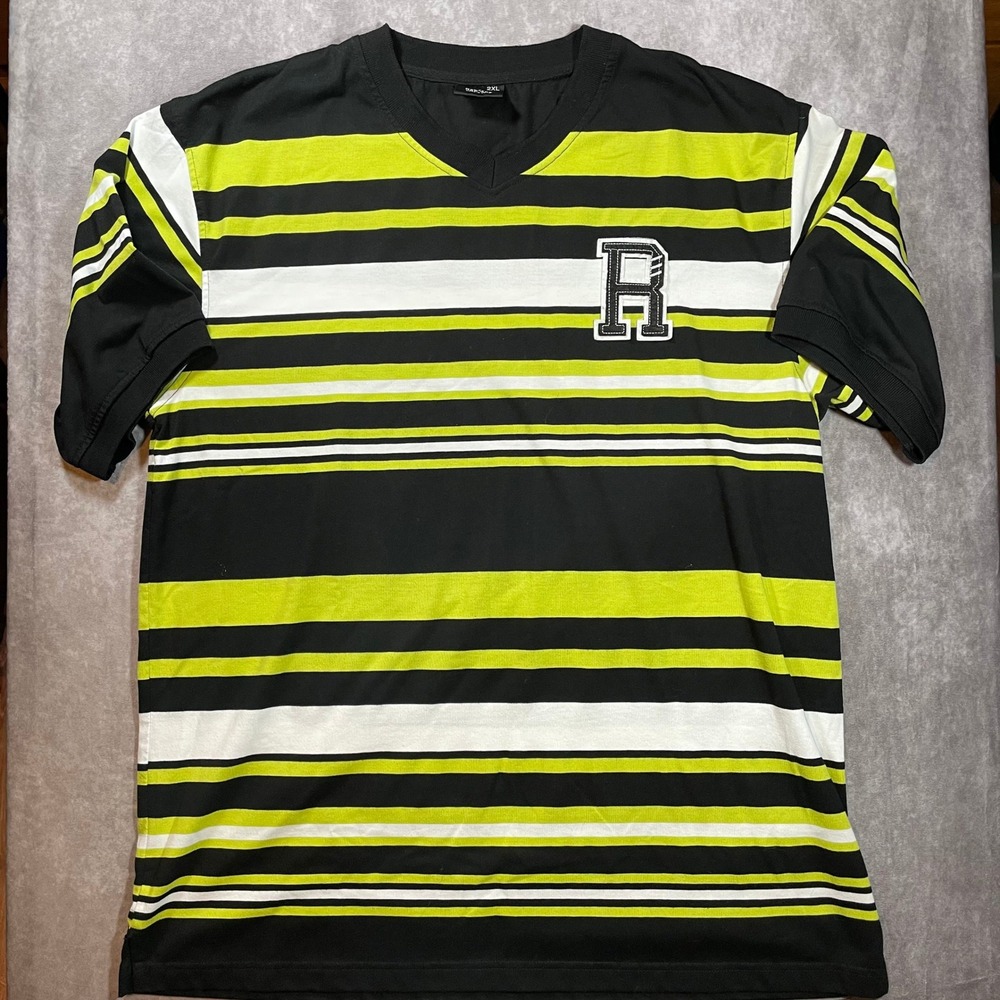 Red Ape Mens 2XL Striped V-Neck T-Shirt Black Lime Green White Varsity R Patch